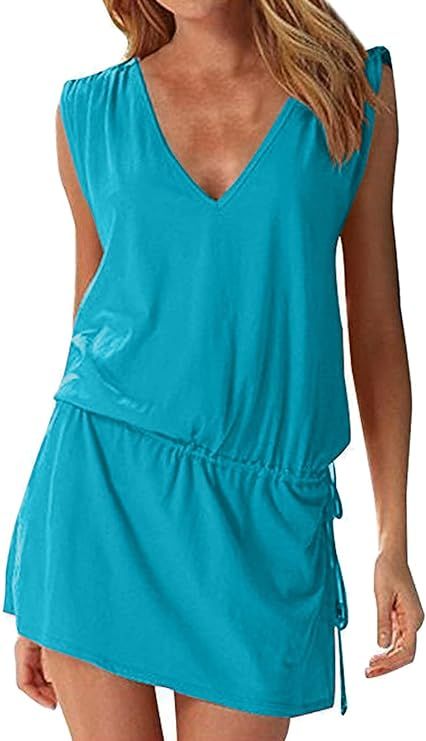 Hount Women's Beach Swimsuit Cover up Deep V-Neck Short Mini Dress Beach Skirt | Amazon (US)