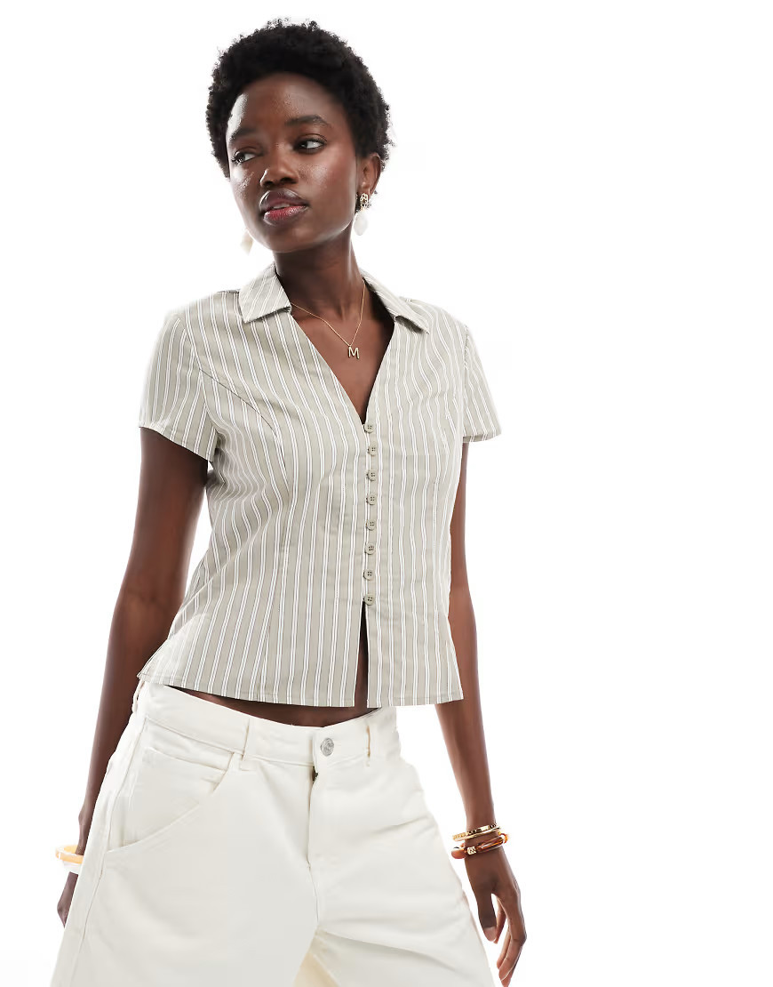 Cotton On short sleeve fitted shirt in powder green stripes | ASOS (Global)