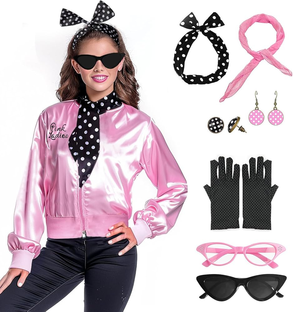 FAYBOX Pink Ladies Jacket Grease 50s Outfit Costume for Women,Halloween Costumes Accessories Adul... | Amazon (US)