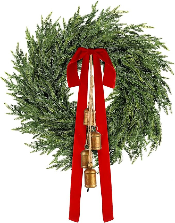 Fovths 24 Inch Christmas Wreath Large Real Touch Norfolk Pine Wreath with Bells Velet Ribbon Bows... | Amazon (US)