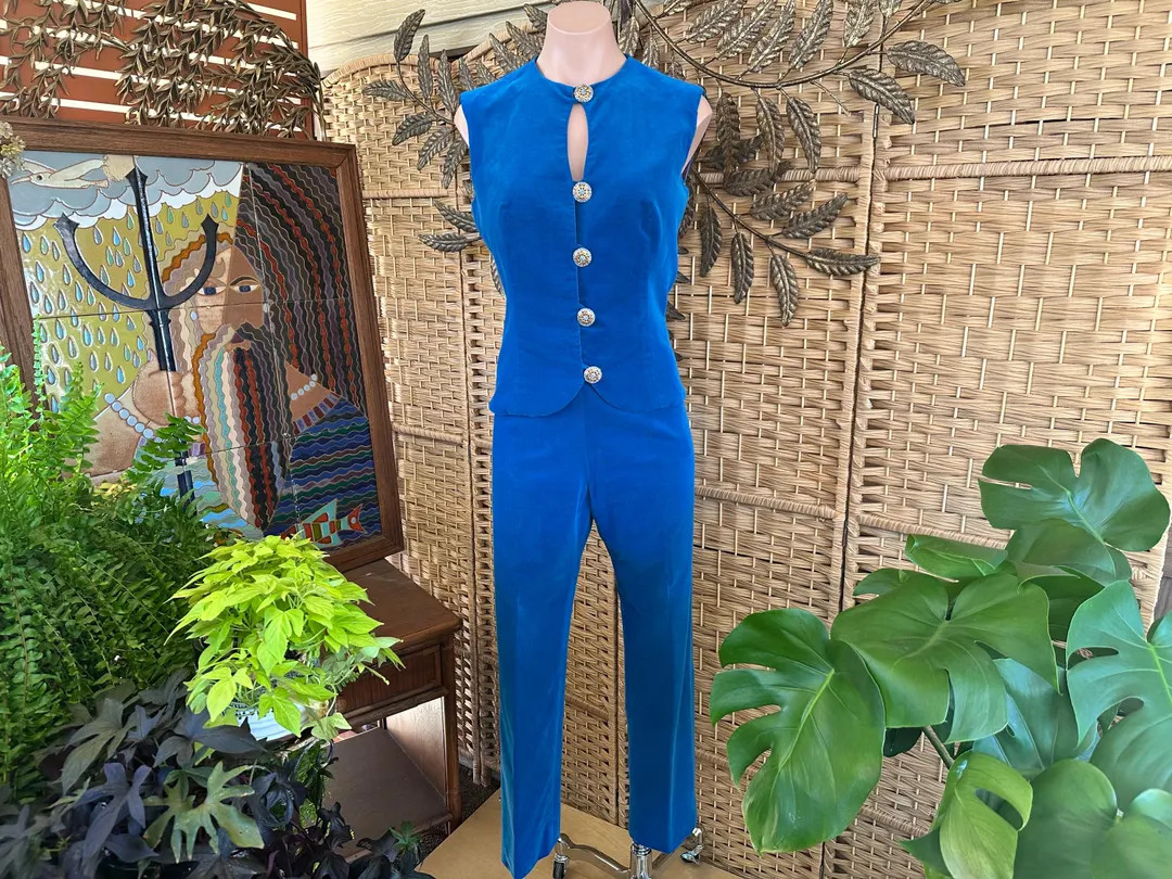 Vintage 1960s Blue Velvet Cocktail Pants Suit w/Rhinestone Buttons, Megan Draper, Ann Margret, Vi... | Etsy (US)