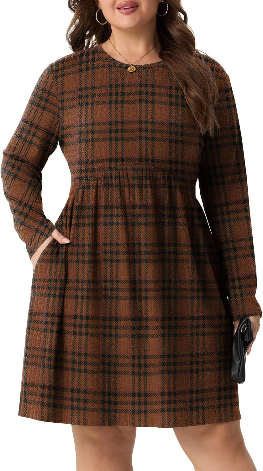 Women's Plus Size Ribbed Sweater Dress Long Sleeve with Pockets | Amazon (US)