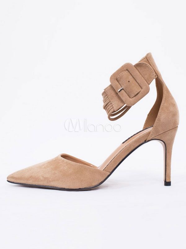 Women Suede Heels Pointed Toe Ankle Strap Buckle Stiletto Apricot High Heel Pumps | Milanoo