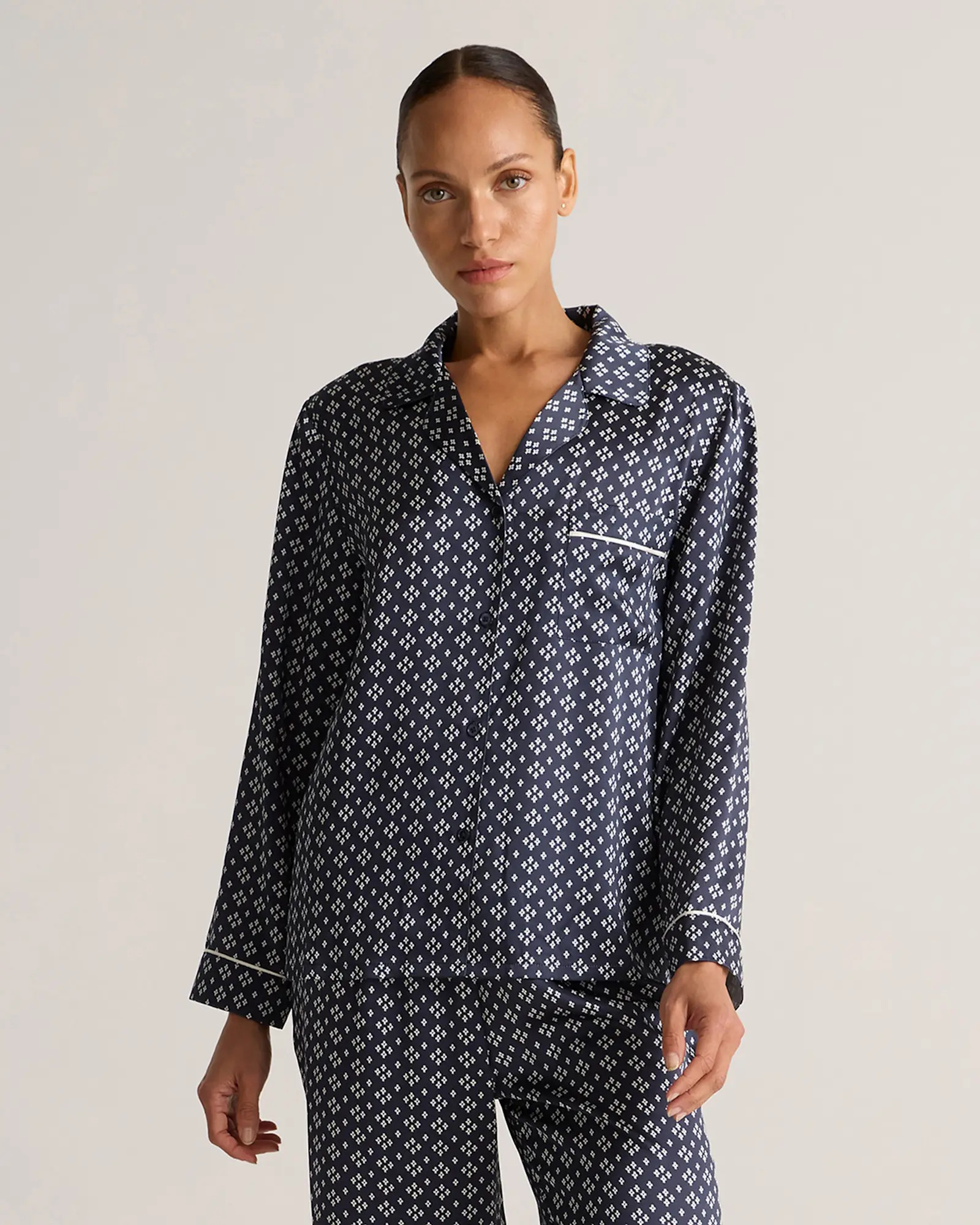 100% Washable Silk Satin Pajama Long Sleeve Top in Tiny Diamonds | Quince
