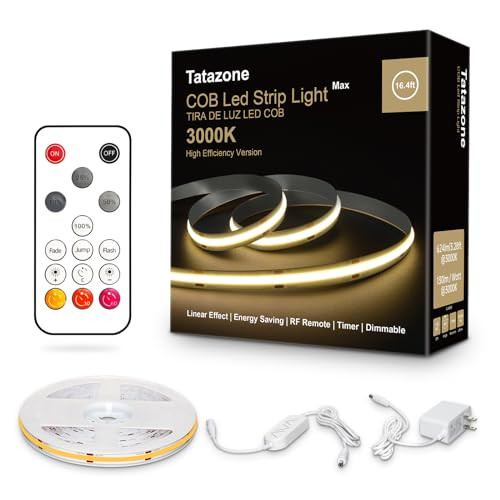 Tatazone White COB Led Strip Lights Max with RF Remote, 16.4ft 3000K CRI93+ Dimmable Ultra Bright Warm White COB Light Strip, Adhesive Indoor COB Led Lights for Living Room, Shelf, Cabinet | Amazon (US)