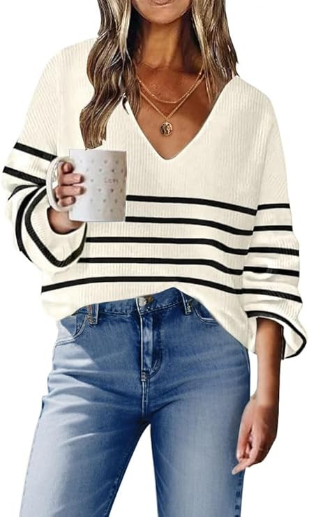 Womens Long Sleeve V Neck Sweaters Striped Knit Tops Casual Lightweight Pullover Sweater | Amazon (US)