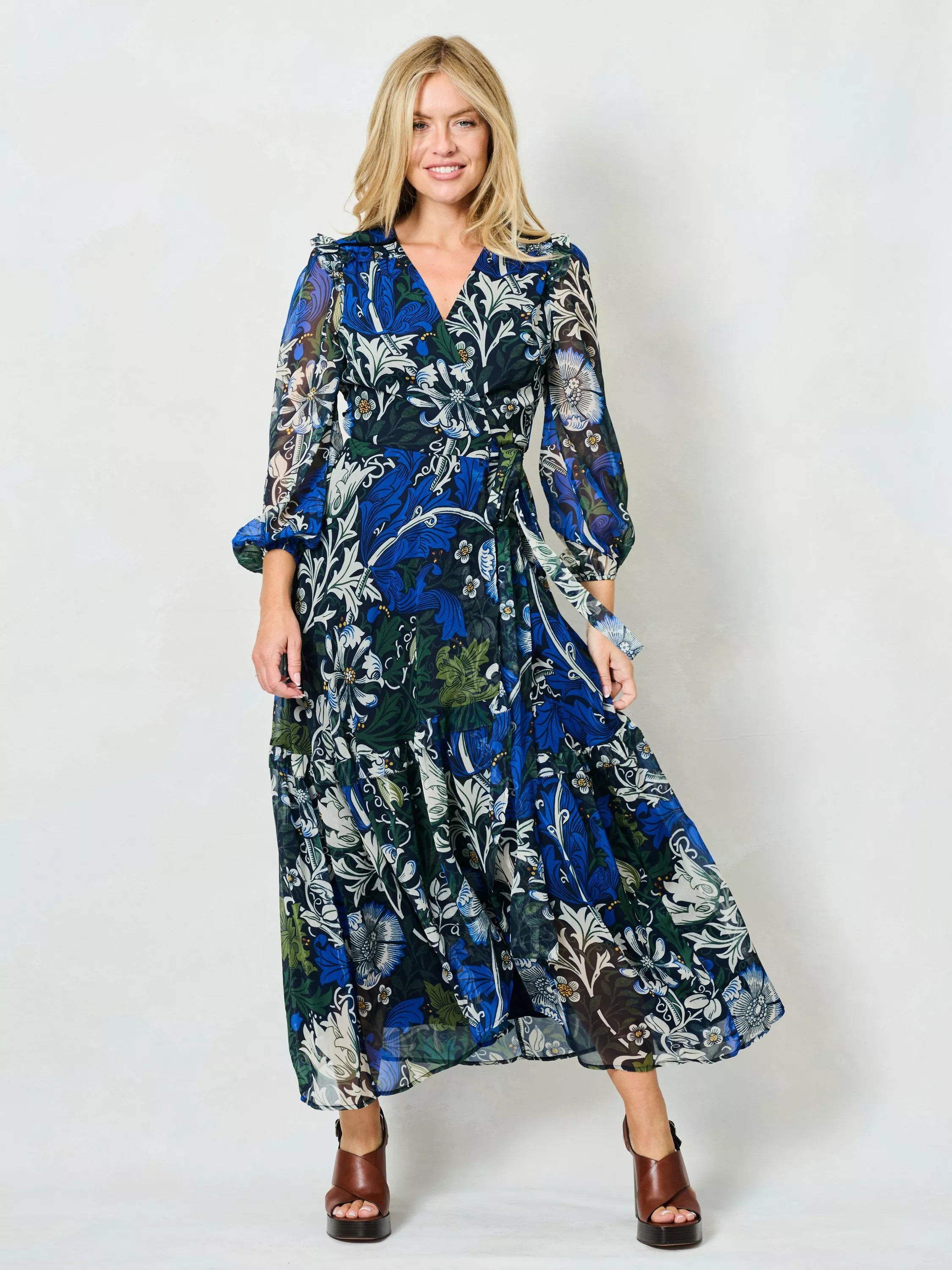 Hope & Ivy x The William Morris Society The Chrysanthemum Floral Midi Dress, Blue/Multi | John Lewis (UK)