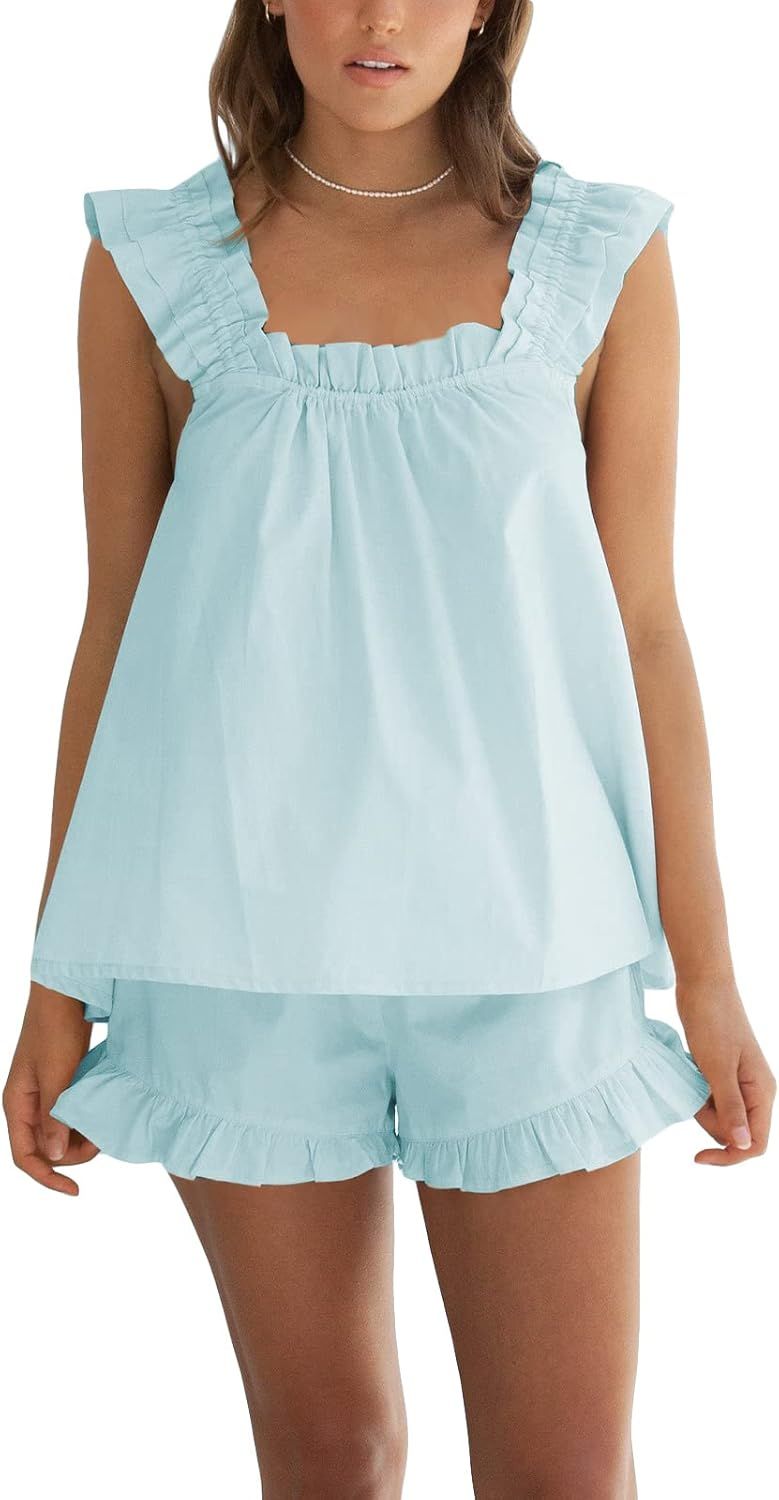 Farktop Womens 2 Piece Set Summer Short Ruffle Crop Top Trim Cami and Casual Shorts Pajama Sets | Amazon (US)