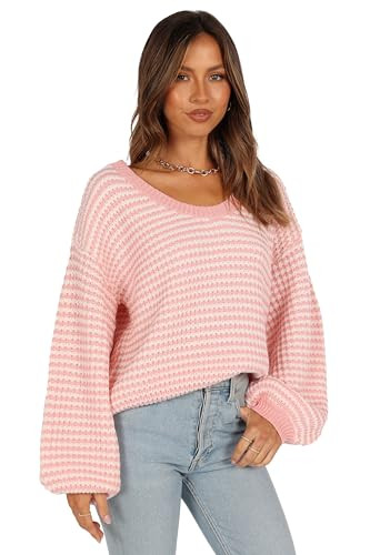 Becca Crewneck Waffle Stitch Stripe Knit Sweater - Pink XL | Amazon (US)
