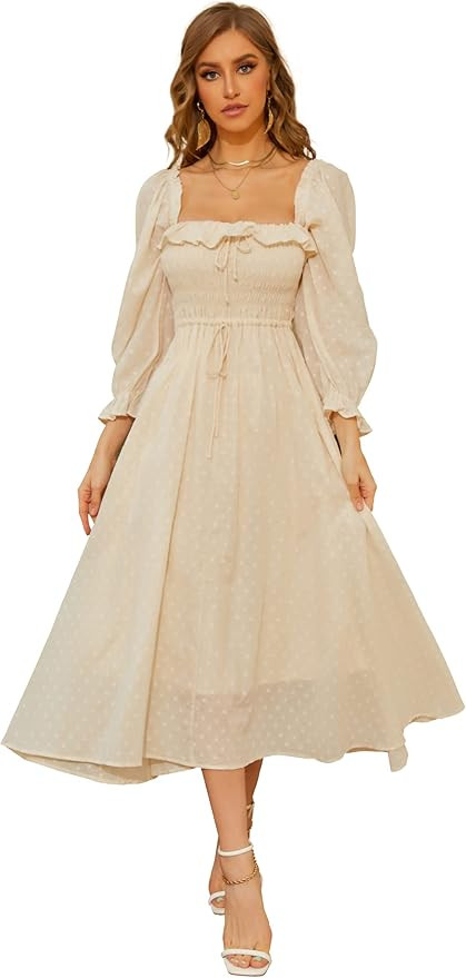 R.YIposha Women Vintage Elastic Square Neck Ruffled Half Sleeve Summer Backless Beach Flowy Maxi ... | Amazon (US)