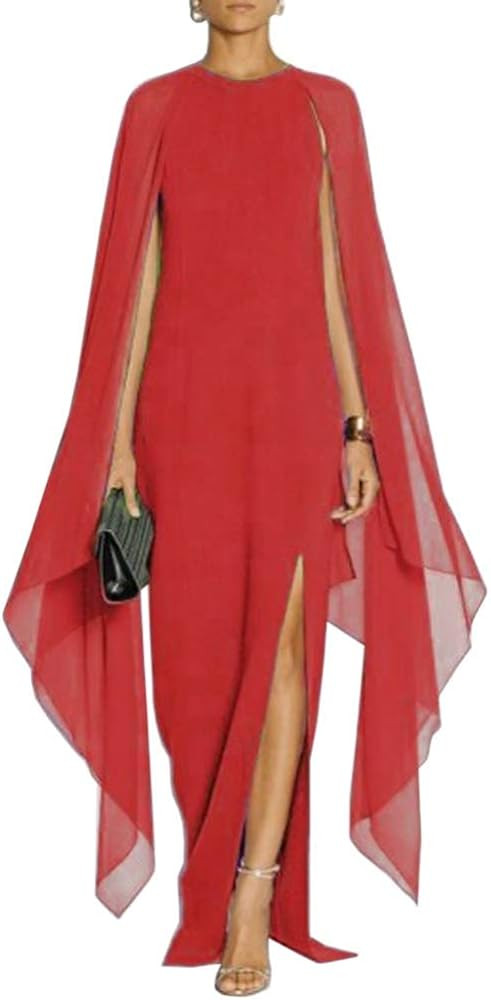 MAYFASEY Women's Elegant High Split Flare Sleeve Formal Evening Gowns Maxi Dress with Cape | Amazon (US)