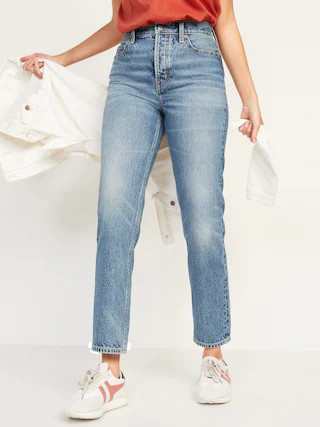 Extra High-Waisted Button-Fly Sky Hi Straight Non-Stretch Cropped Jeans | Old Navy (US)