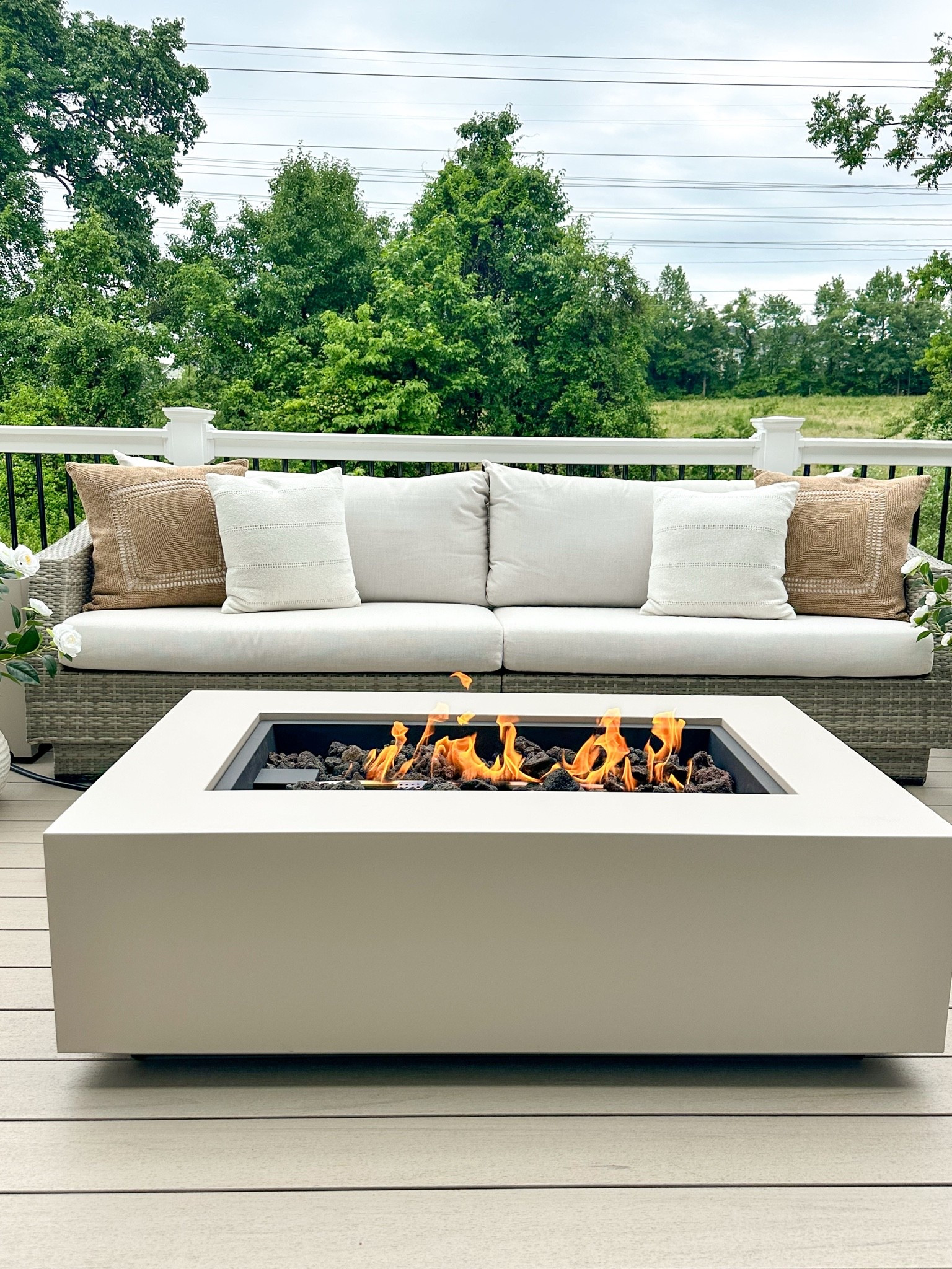 Cozy backyard views 
#firepit #firepittable #backyard #deck #realflame

#LTKHome