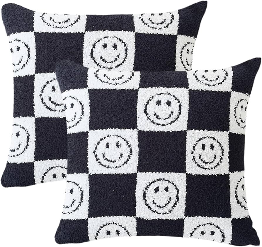 Pack of 2 Ultra Soft Cozy Happy Smiling Face Checkered Knitted Throw Pillow Cover Fluffy Microfib... | Amazon (US)