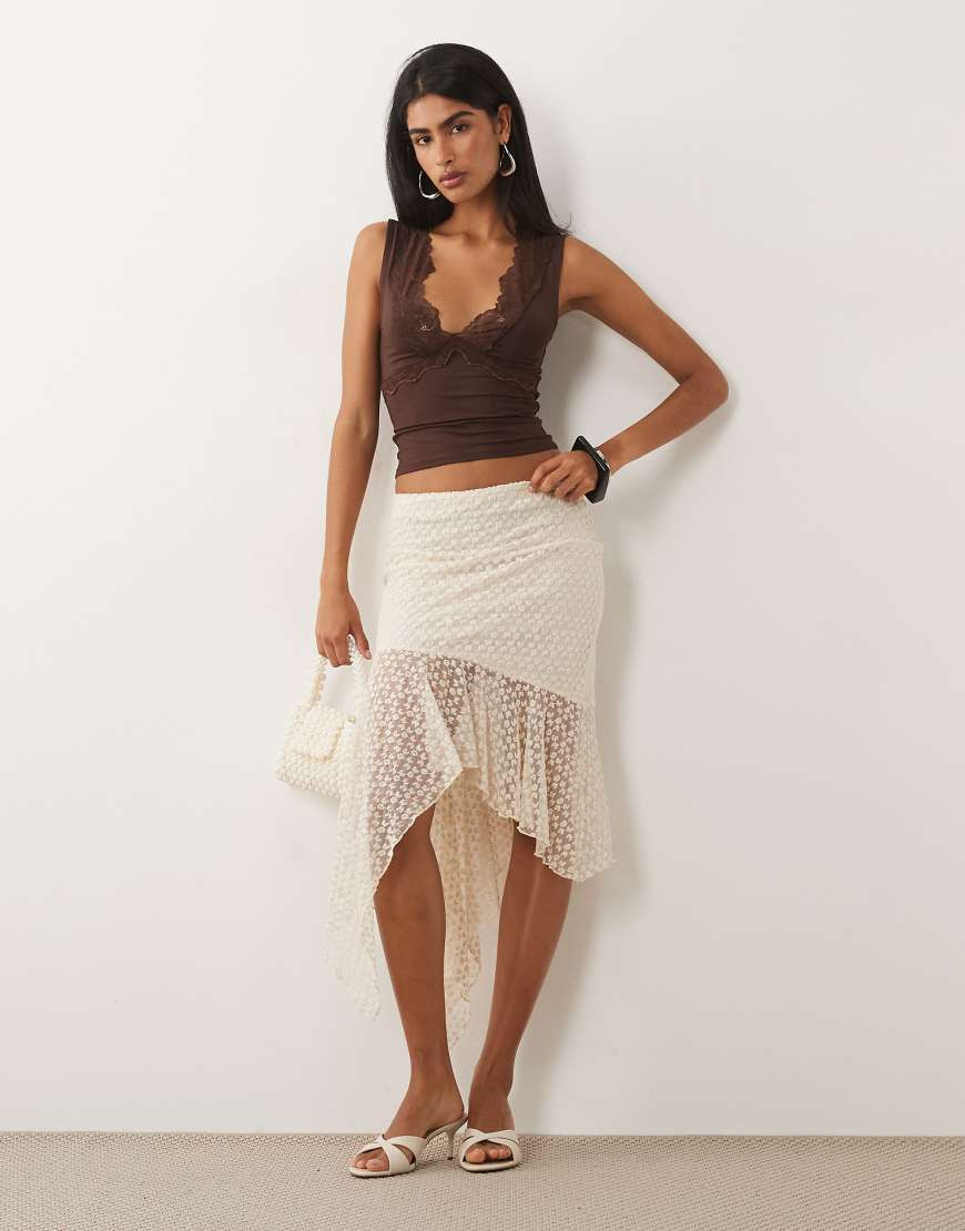 ASOS DESIGN embroidered cutabout hanky hem midi skirt in cream-White | ASOS (Global)