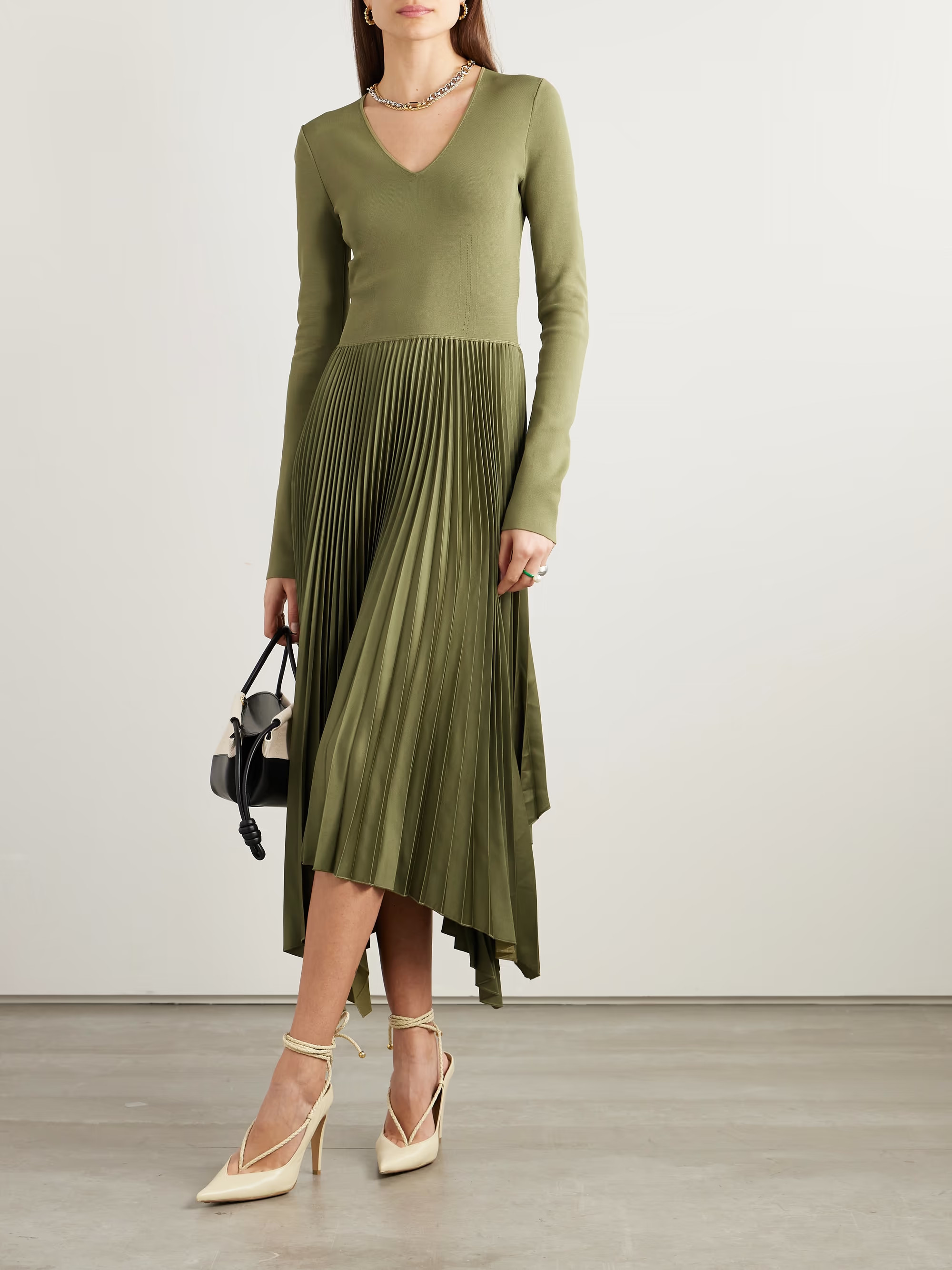Dubois asymmetric knitted and pleated satin-crepe dress | NET-A-PORTER (US)