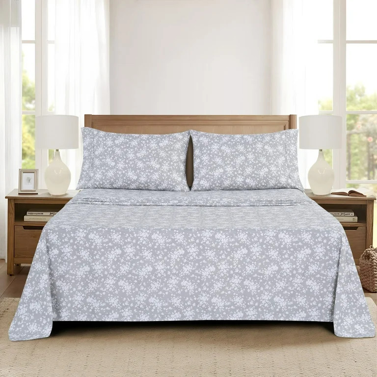 Mainstays Super Soft Brushed Microfiber Bed Sheet Set, Gray Floral, King, 4 Piece | Walmart (US)