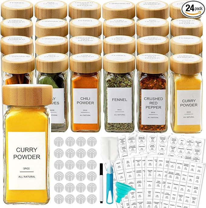 AISIPRIN 24 Pcs Glass Spice Jars with Bamboo Airtight Lids and 398 Labels, 4oz Empty Square Conta... | Amazon (US)