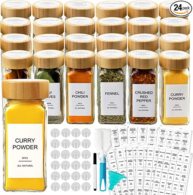 AISIPRIN 24 Pcs Glass Spice Jars with Bamboo Airtight Lids and 398 Labels, 4oz Empty Square Conta... | Amazon (US)