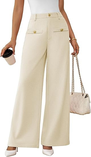 Pink Queen Wide Leg Dress Pants for Womens High Waist Pants for Work Button Decor Textured Long T... | Amazon (US)