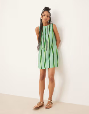 ASOS DESIGN slash neck cotton linen mini shift dress in green stripe | ASOS (Global)
