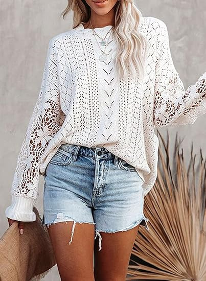 AlvaQ Women Lace Crochet Long Sleeve Crewneck Sweaters Winter Knit Pullover Jumper Tops | Amazon (US)
