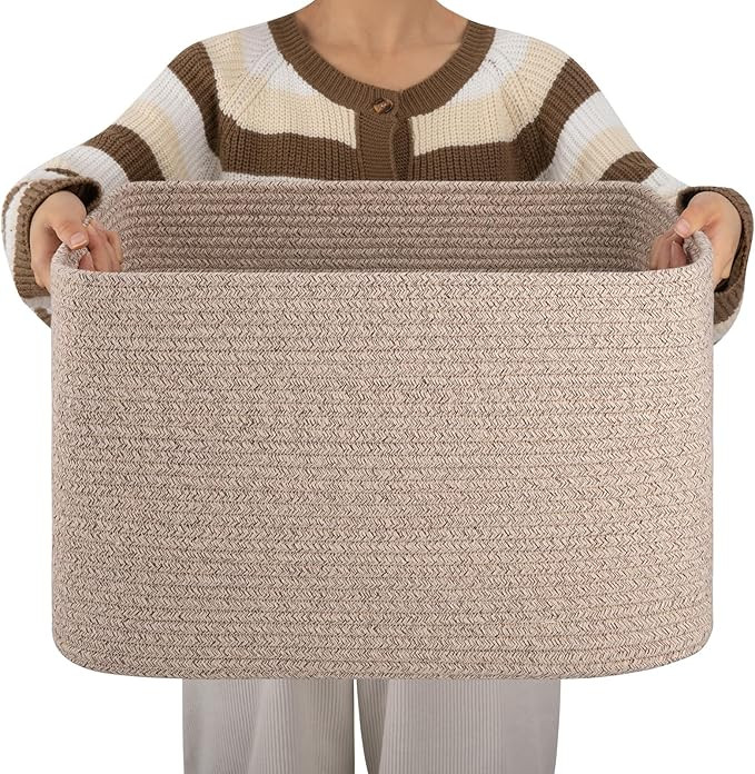 OIAHOMY Cotton Rope Basket, Rectangle Woven Nursery Blanket Basket, Toy Storage Basket with Handl... | Amazon (US)