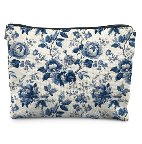 Elpwk Vintage Blue and White Floral Makeup Bag for Women，Farmhouse Floral Cosmetic Bags,Chinoiserie Grandmillennial Zipper Makeup Pouch for Purse | Amazon (US)