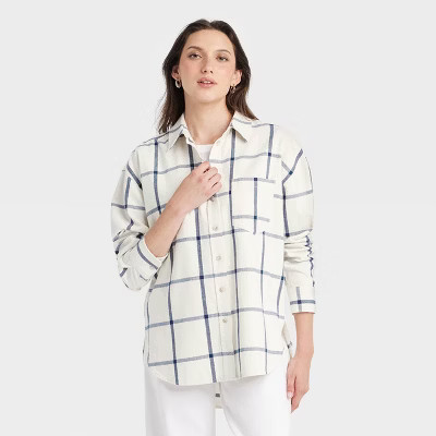 Women's Oversized Flannel Long Sleeve Collared Button-Down Shirt - Universal Thread™ White Plaid L | Target