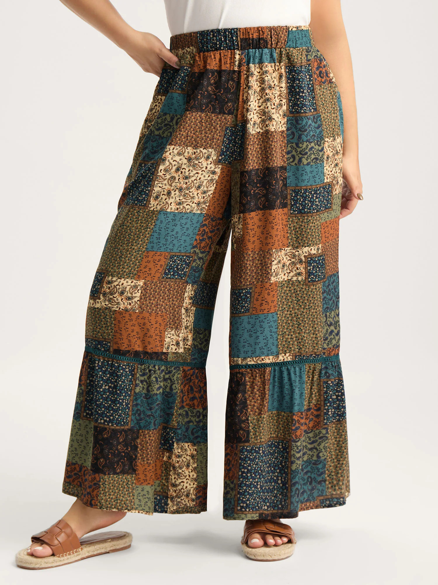 Floral Collage Lace Spliced Wide-Leg Pants | Bloomchic