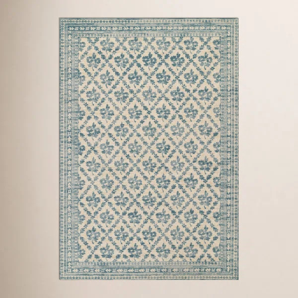 Anders Traditional Floral Wool and Nylon Blue Area Rug | Birch Lane