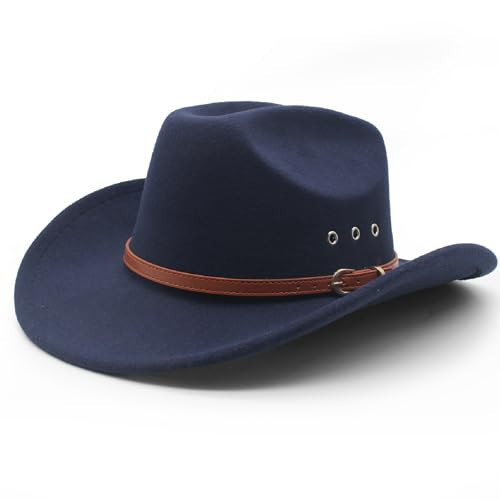 LIDHAY Cowboy Hat for Women and Men Felt Wide Brim Classic Outdoor Fedora Hats Western Cowboy Cowgirl Hats with Belt Buckle 3 Navy Blue | Amazon (US)