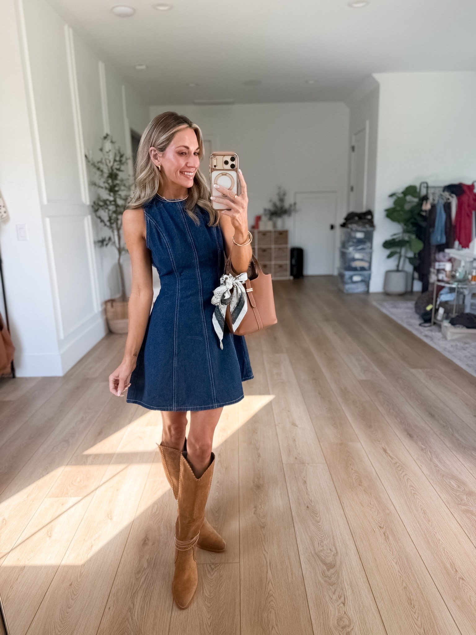 A denim dress + boots are such an easy go to outfit for this season 🍂