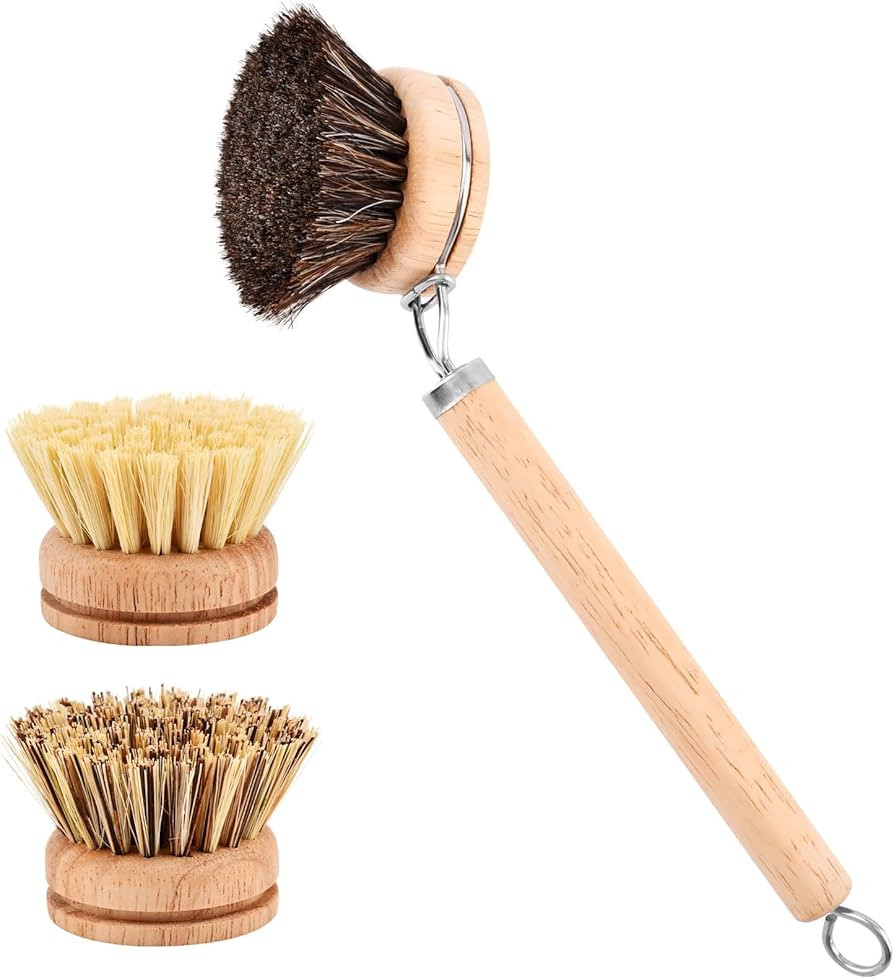 Bamboo Dish Brush with Handle, Wooden Handle with 3 Natural Bristle Heads, Natural Wood Dish Scru... | Amazon (US)