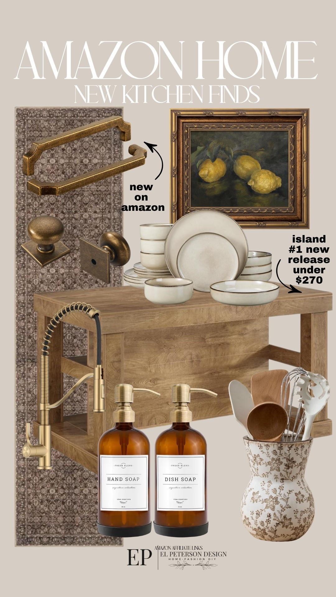 Amazon
Kitchen island
Soap dispenser
Kitchen faucet
Cabinet pulls
Cabinet knobs
Artwork
Dish set