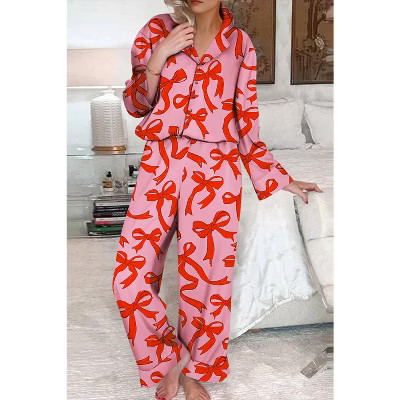 2-Piece Bow Print Shirt Style Long Sleeve Pajama Set | Target