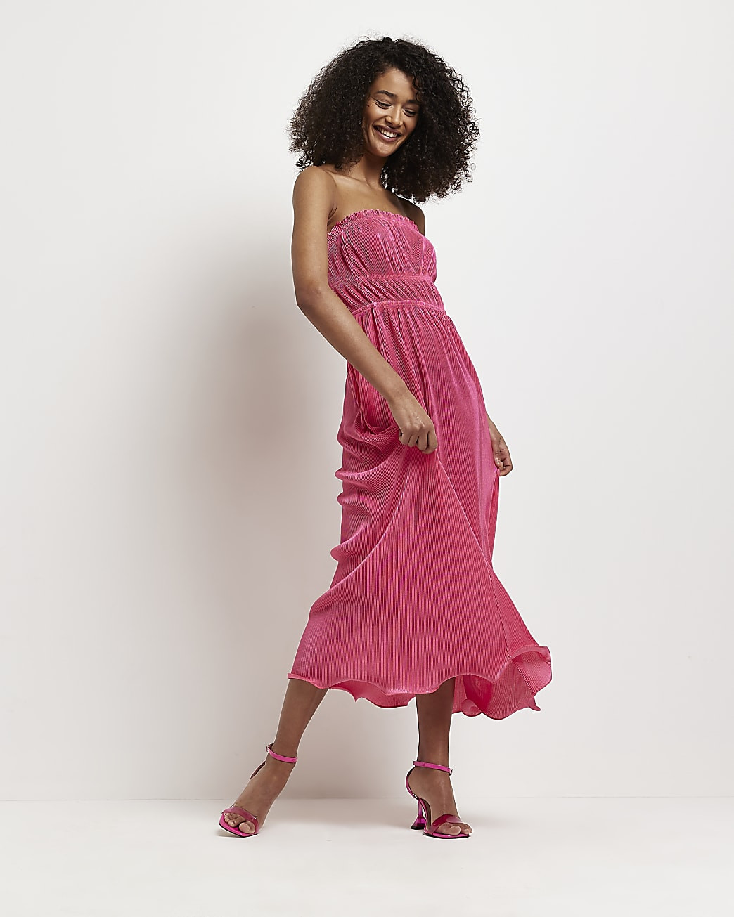 Pink plisse bardot midi dress | River Island (UK & IE)