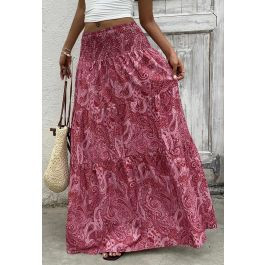 Paisley Print Shirred Waist Tiered Maxi Skirt in Magenta for Beach Getaways & Casual Brunches | Chicwish