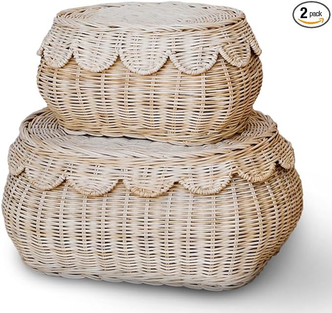 BEBE BASK Hand Woven Rattan Basket Set - 15x10x6 Inch - Scalloped Baskets - Round Wicker Basket -... | Amazon (US)
