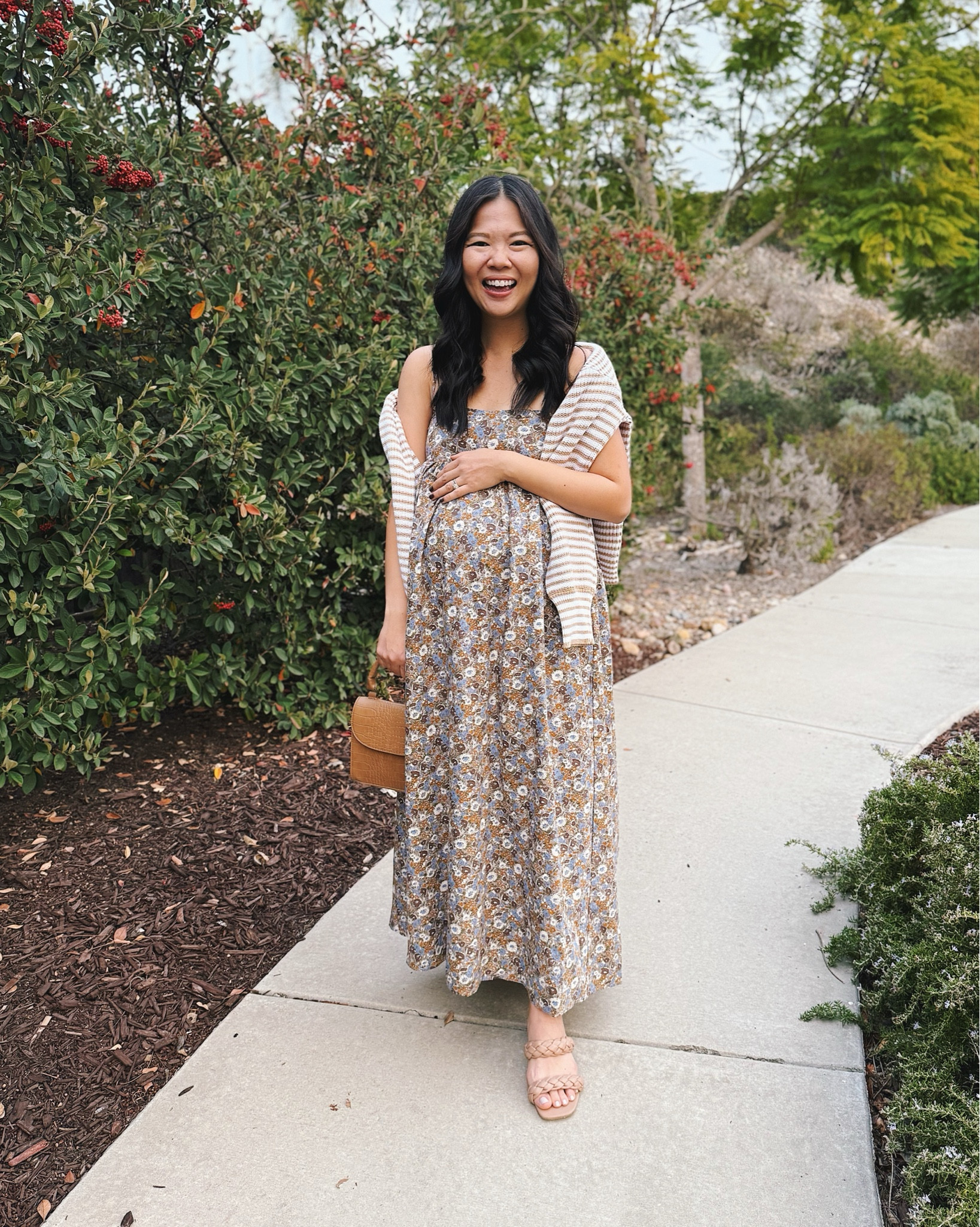 Fall floral dress with pockets (XS)
Tan striped sweater (S)
Tan handbag 
Braided sandals
Petal & Pup dress
Bump friendly dress
Maternity outfit

#LTKBump #LTKSeasonal #LTKFindsUnder100