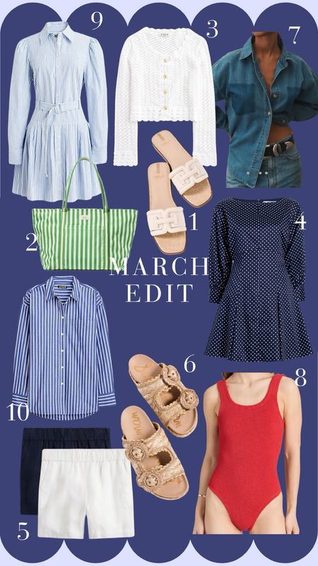 MARCH FASHION EDIT — 

Here are my favorite fashion finds lately! Lovely stripes, polka dots and classic styles as I try to level-up and refine my wardrobe. 

// Spring sandals, spring dresses, on sale at J.crew, denim tops, chambray styles, tote bags, spring workwear, linen shorts, one piece swim

#LTKsalealert #LTKSeasonal #LTKworkwear