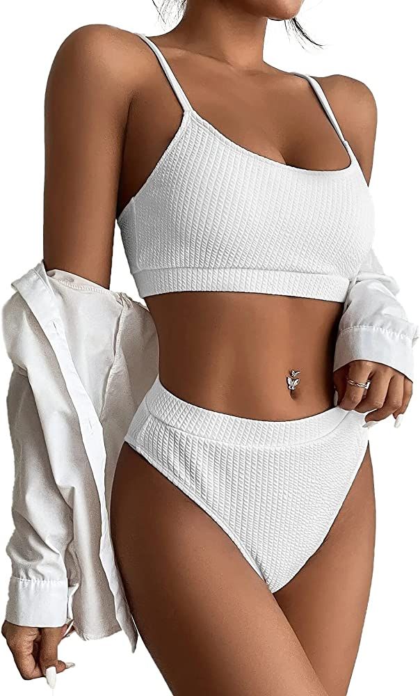 Lilosy High Waisted Tummy Control Ribbed Bikini Crop Top Brazilian Swimsuit Set 2 Piece | Amazon (US)