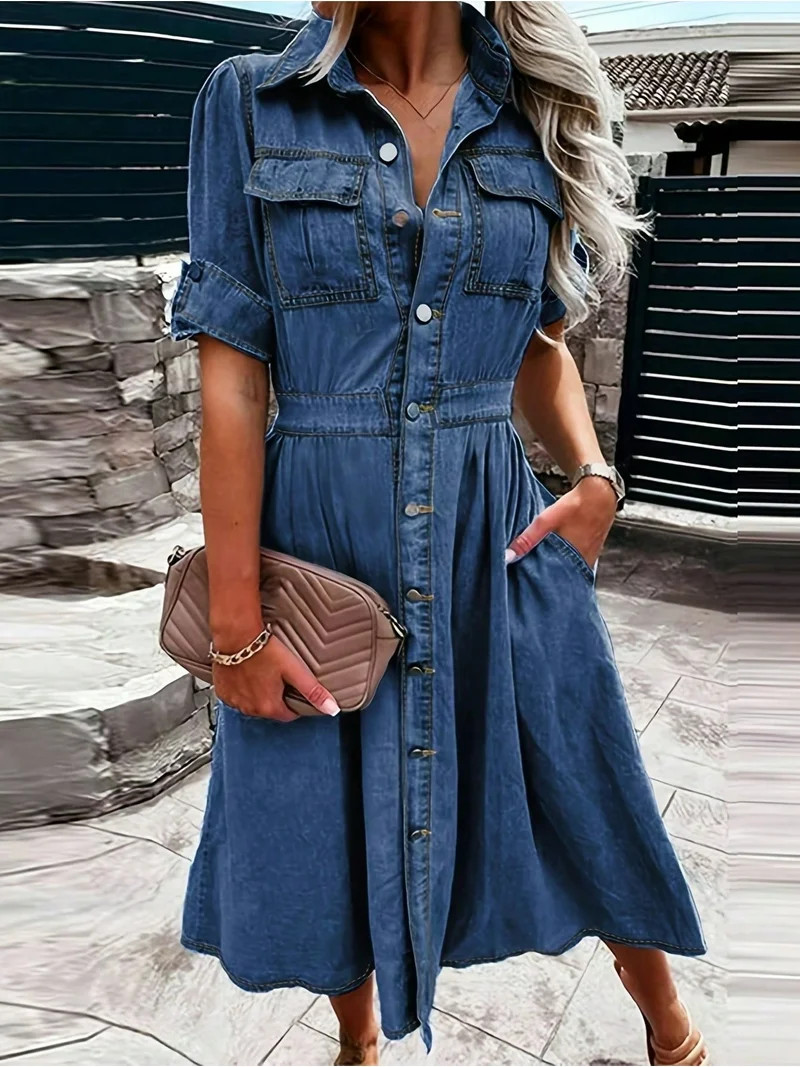 Women's Denim Shirt Dress V-Neck Short Sleeved Waist A-Line Jeans With Pockets Button Dress Fashi... | Walmart (US)