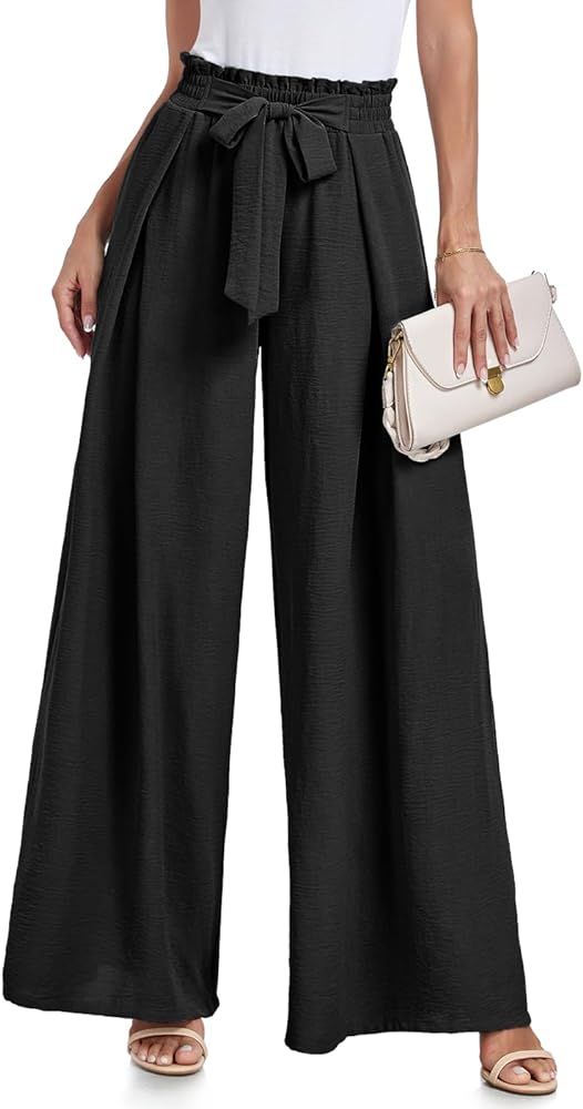 Wide Leg Pants for Women High Waisted Palazzo Pants Work Casual Flowy Tie Knot Trousers with Pock... | Amazon (US)