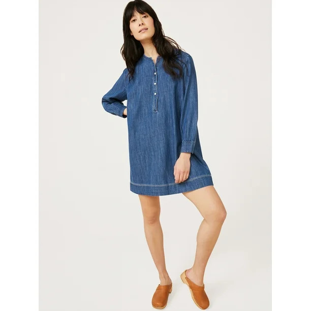 Free Assembly Women's Long Sleeve Shirred Shirt Dress | Walmart (US)