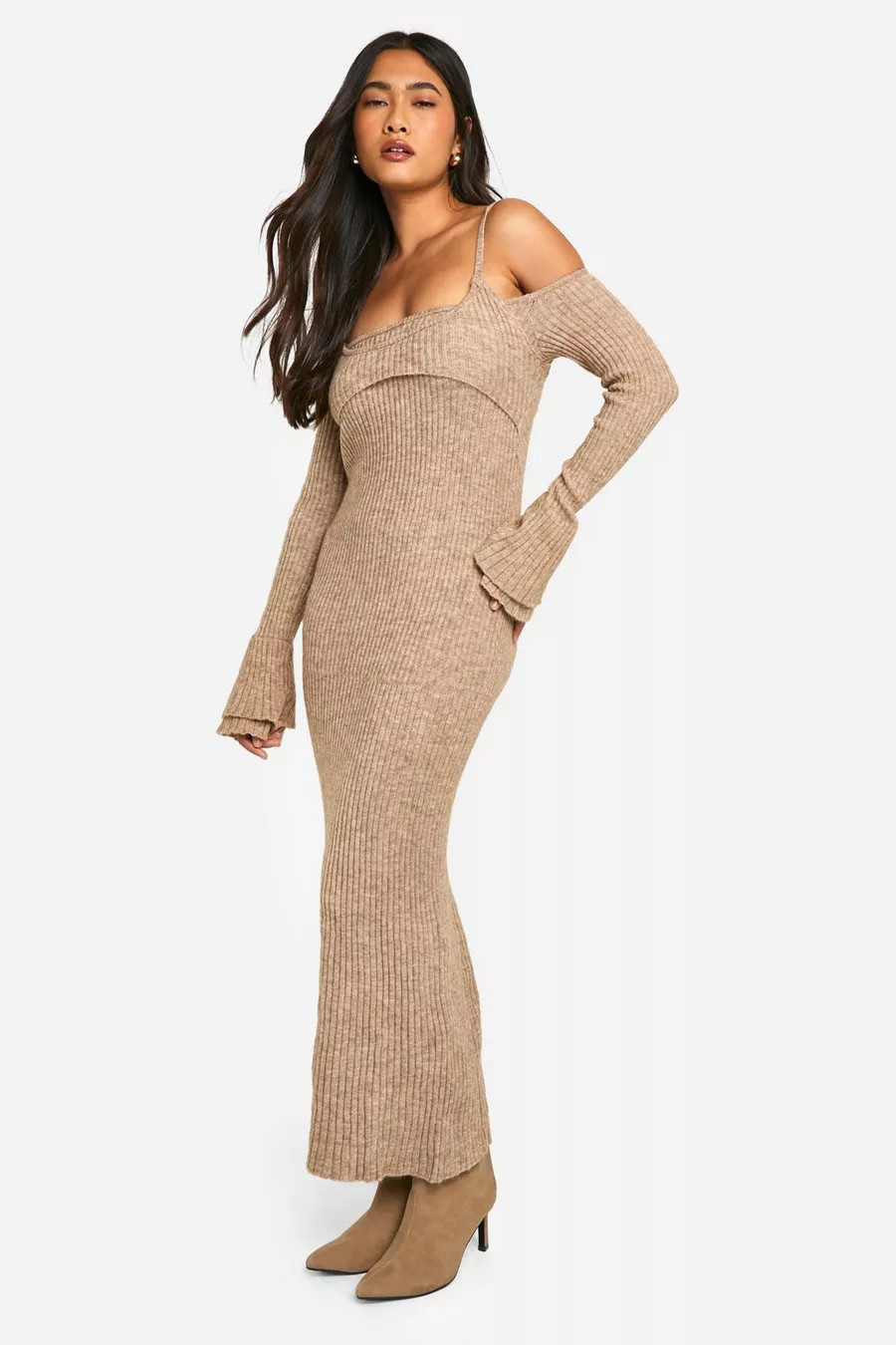 Rib Knit Bardot Halterneck Maxi Dress | boohoo (US & Canada)