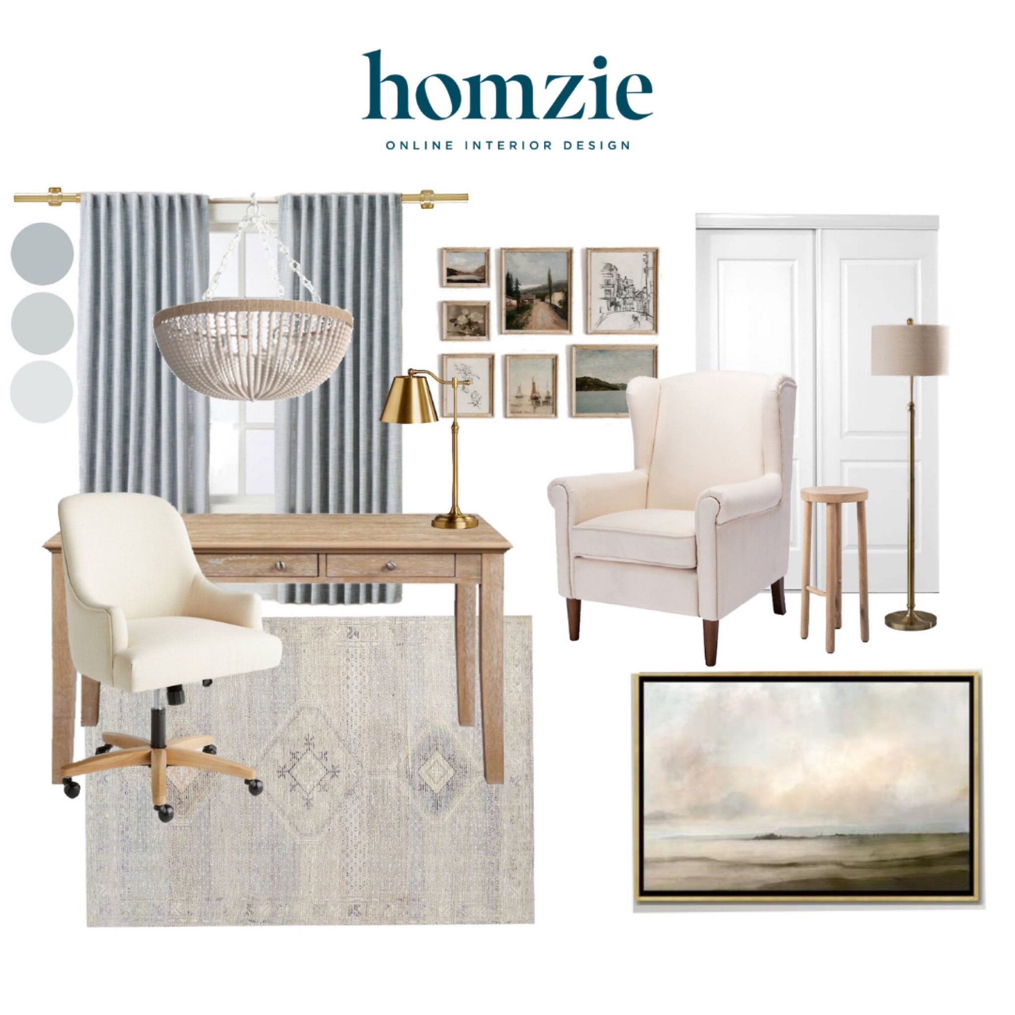 We loved designing this modern coastal home office for our virtual interior design client. This space features a statement beaded chandelier, light blue linen drapery and a coastal area rug, a  natural wood writing desk, and winged back accent chair 

Work 1:1 with a Homzie virtual interior designer for a low flat-rate and receive a custom, shoppable decorating plan! - all online.  Get started homziedesigns.com/work-with-us 

#LTKHome #LTKSaleAlert #LTKStyleTip