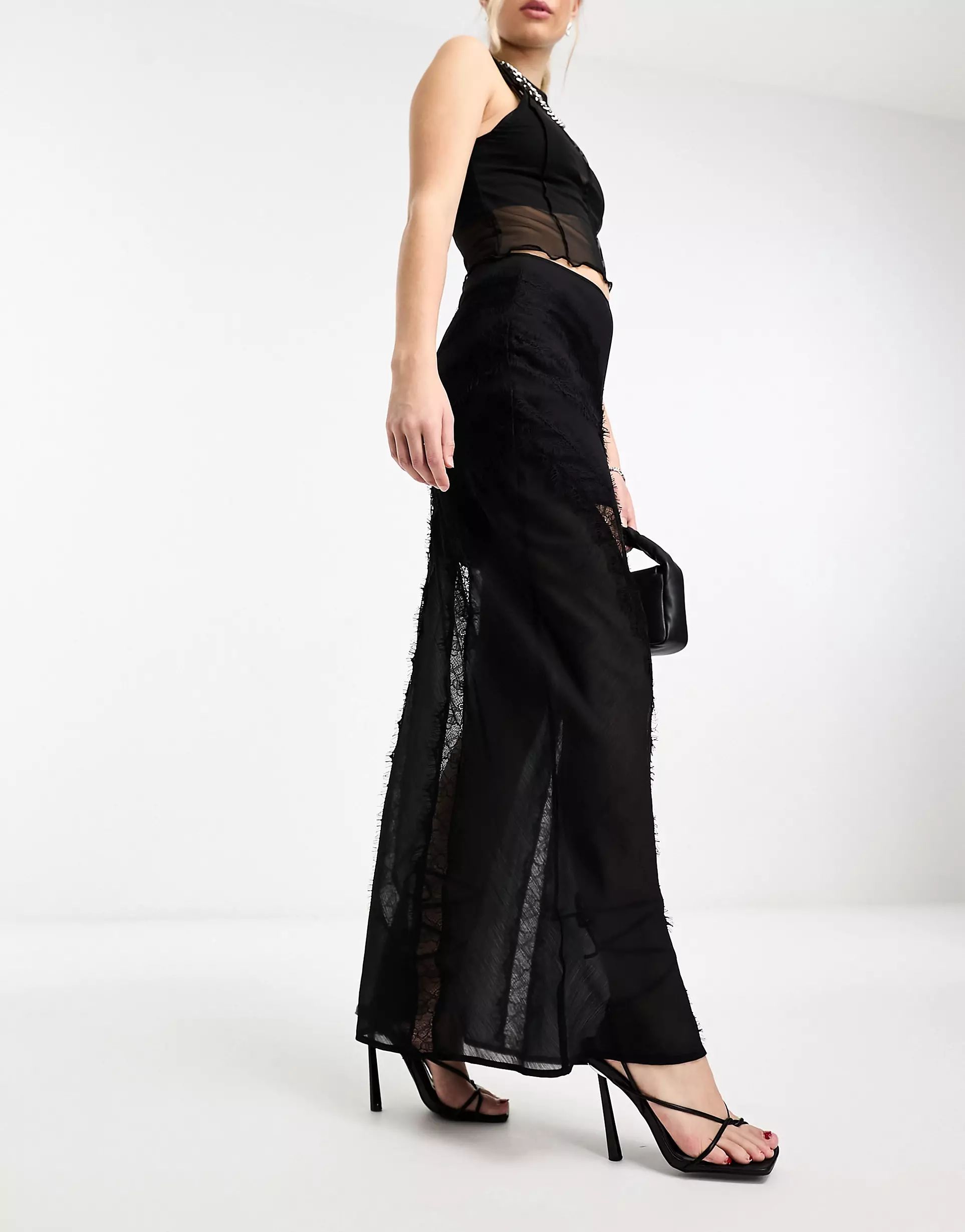 ASOS DESIGN sheer bias maxi skirt with lace inserts in black | ASOS (Global)