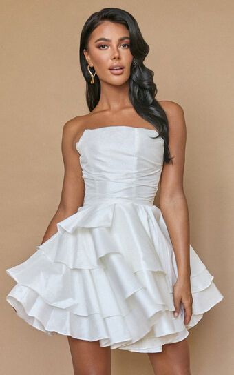 Allisyn Mini Dress - Strapless Tiered Flare Dress in White | Showpo (US, UK & Europe)