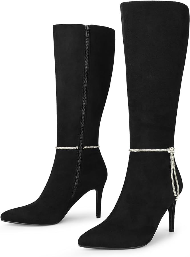 Allegra K Women's Rhinestone Crystal Chain Pointed Toe Stiletto Heels Knee High Boots | Amazon (US)